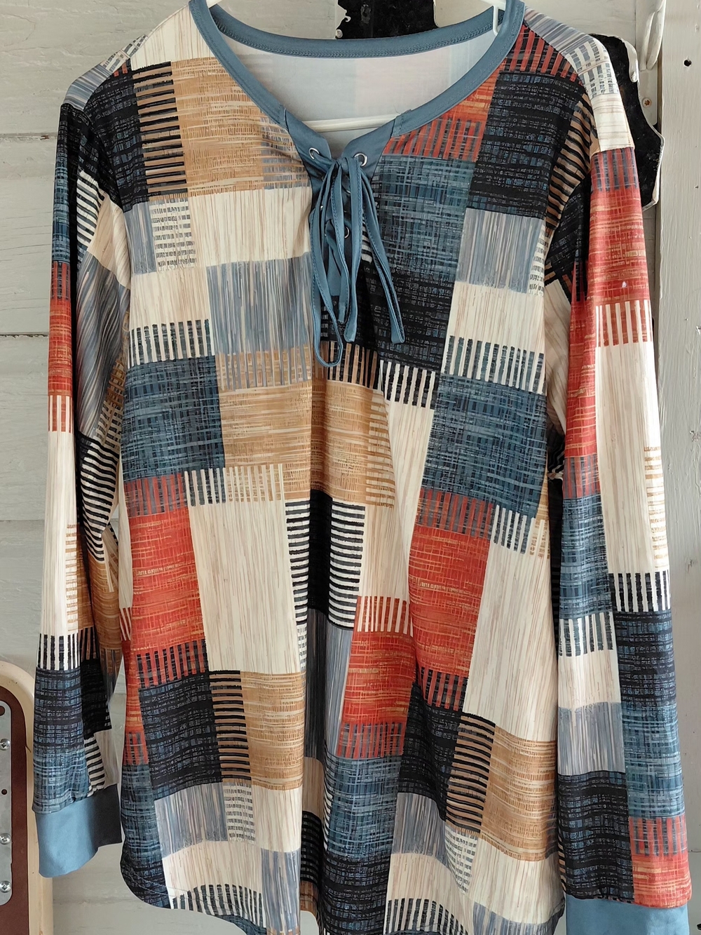 SHEIN Multicolor Patchwork Lace-Up Long Sleeve Top